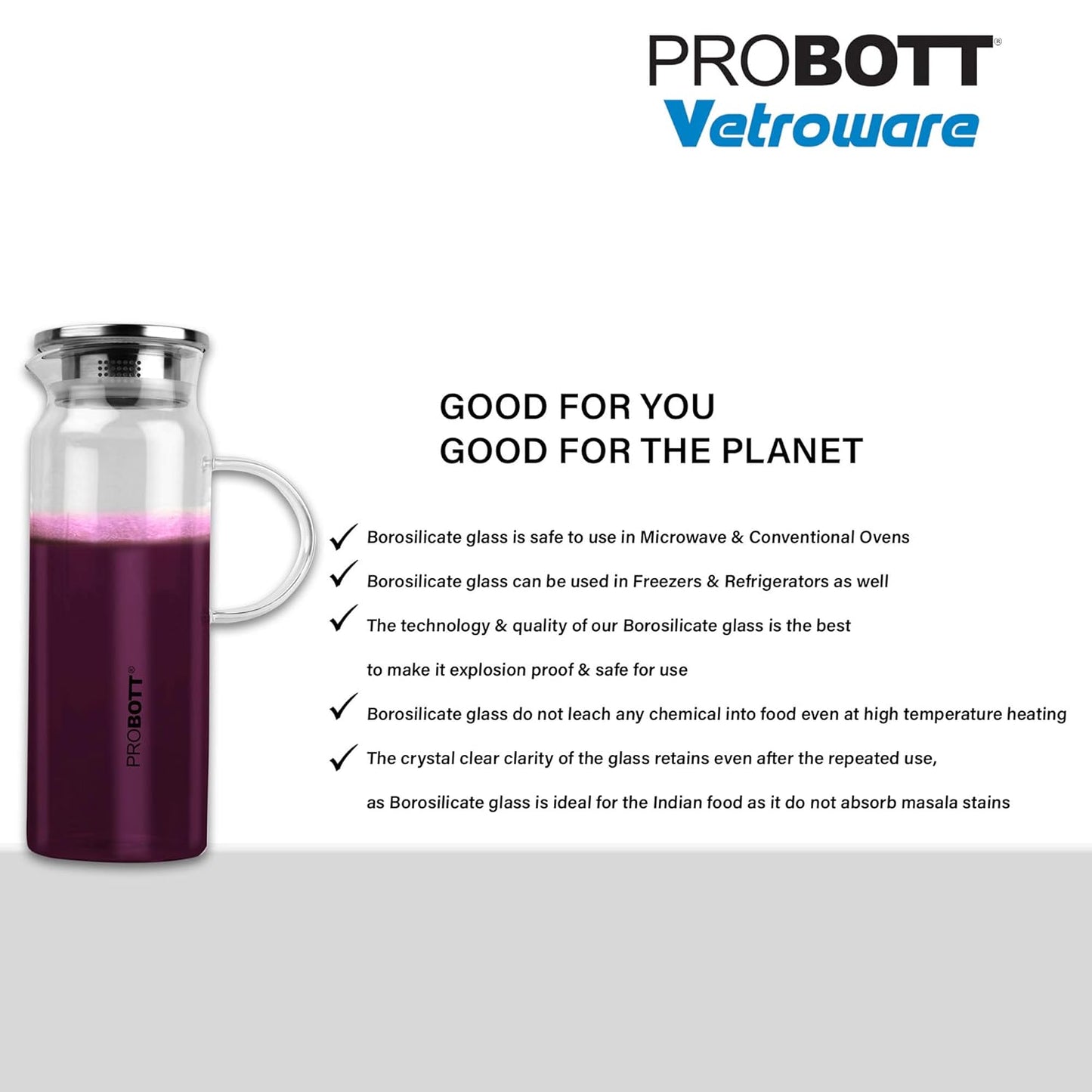 PROBOTT Vetroware Glass Water Jug with Lid Pitcher for Dining Table 1500 ml PV Spark Glass Jug