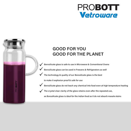 PROBOTT Vetroware Glass Water Jug with Lid Pitcher for Dining Table 1500 ml PV Spark Glass Jug