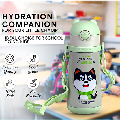 Probott School Champ 370ml Sipper Bottle for Kid with Straw & Strap to Carry, Green | Stainless Steel Hot & Cold Water Bottle for Kids