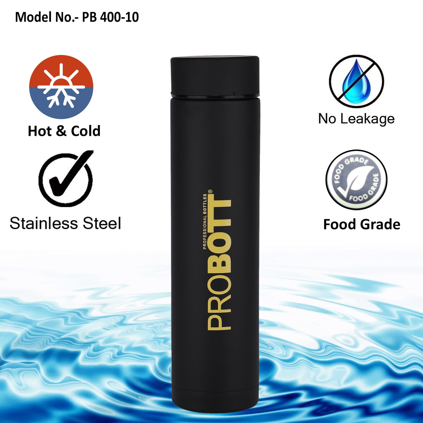 PROBOTT Compact 400ml Thermosteel Vacuum Flask, Stainless Steel Water Bottle - Yellow