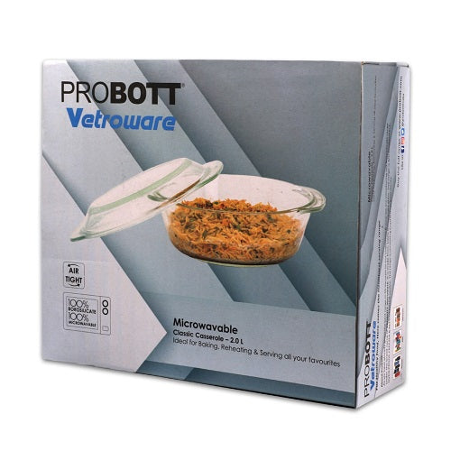 PROBOTT Vetroware Borosilicate Glass Casserole for Roti Chapati Rice, Curry Serve Deep Round Oven And Microwave Safe Serving Bowl With Glass Lid PV Classic Casserole_2Ltr