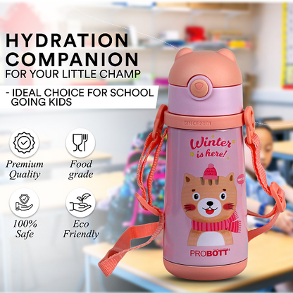 Probott School Champ 370ml Sipper Bottle for Kid with Straw & Strap to Carry, Pink | Stainless Steel Hot & Cold Water Bottle for Kids