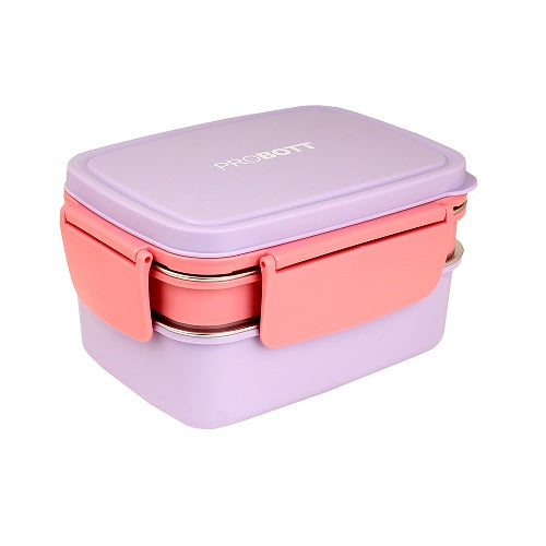 PROBOTT Double Decker 1300ml Stainless Steel Lunch Box, 2 Layers with 3 Grid, 1 Spoon Tiffin Box, Lid Made with Heavy Quality PP Material Perfect for School, Office Use | Light Purple