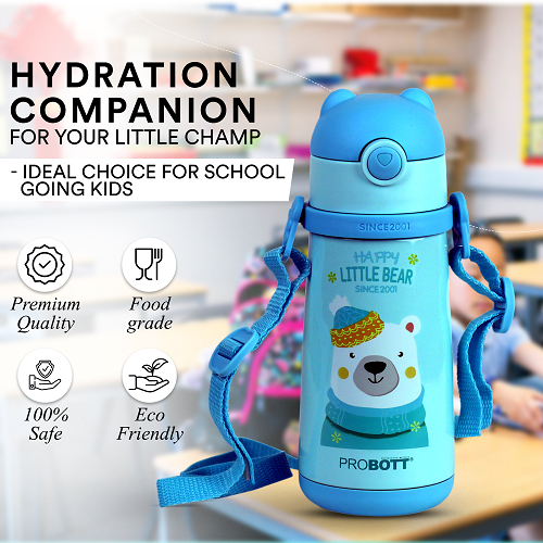 Probott School Champ 370ml Sipper Bottle for Kid with Straw & Strap to Carry, Blue | Stainless Steel Hot & Cold Water Bottle for Kids