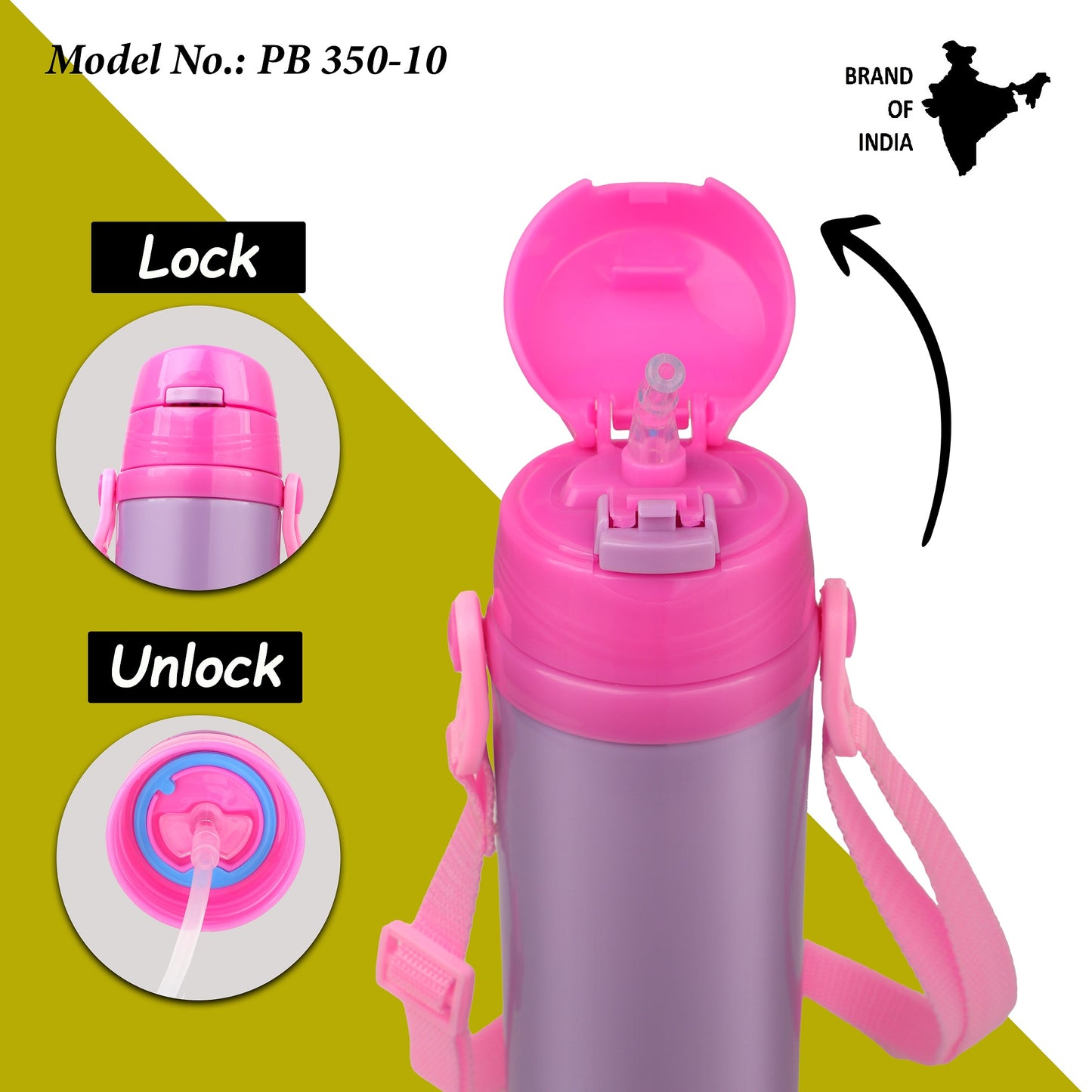 Probott Tom 350ml Hot & Cold Vacuum Insulated Flask Sipper Bottle with Straw & Strap for Kids, Pink