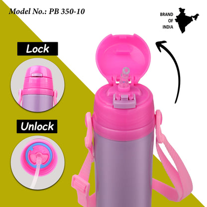 Probott Tom 350ml Hot & Cold Vacuum Insulated Flask Sipper Bottle with Straw & Strap for Kids, Pink