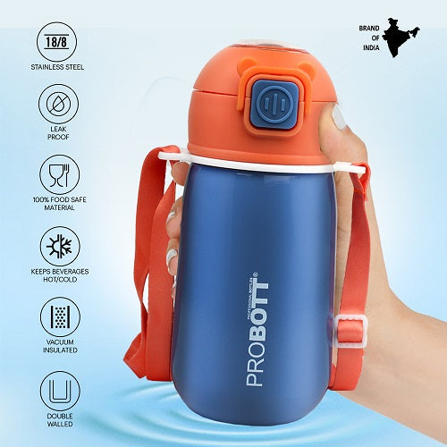 Probott Cutie 320ml Stainless Steel Hot & Cold Sipper Water Bottle for Kids, Blue| Double Walled Vacuum Flask |Push Button With Locking System