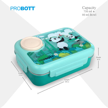 PROBOTT Fun Time 750ml Stainless Steel Lunch Box, 2 Compartment with 1 Bowl & 1 Spoon 1 Fork Tiffin Box, Character Lid | Aqua Blue