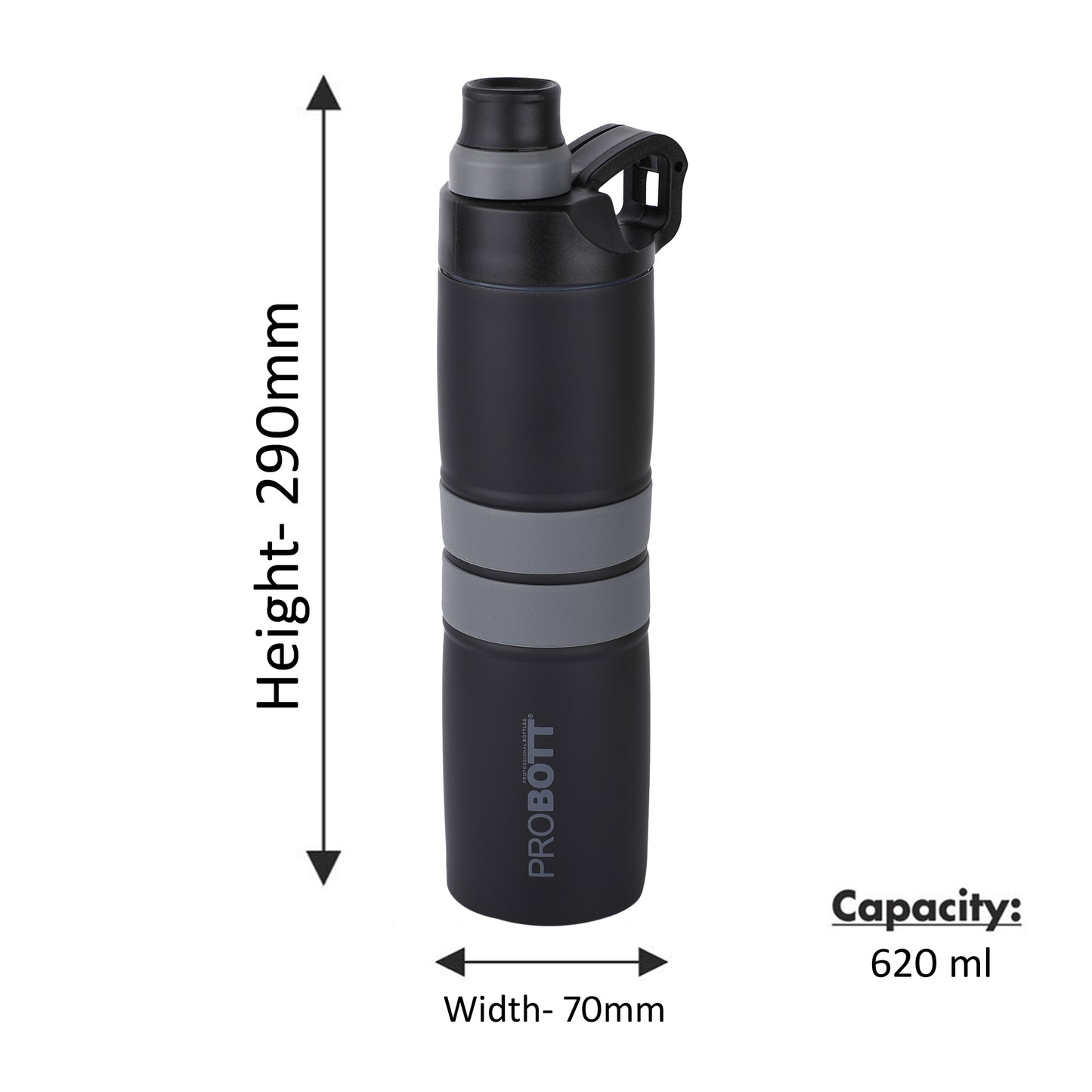 Probott Alpha 620ml Thermoses Vacuum Insulated Flask Sipper Bottle, Stainless Steel Water Bottles, Black