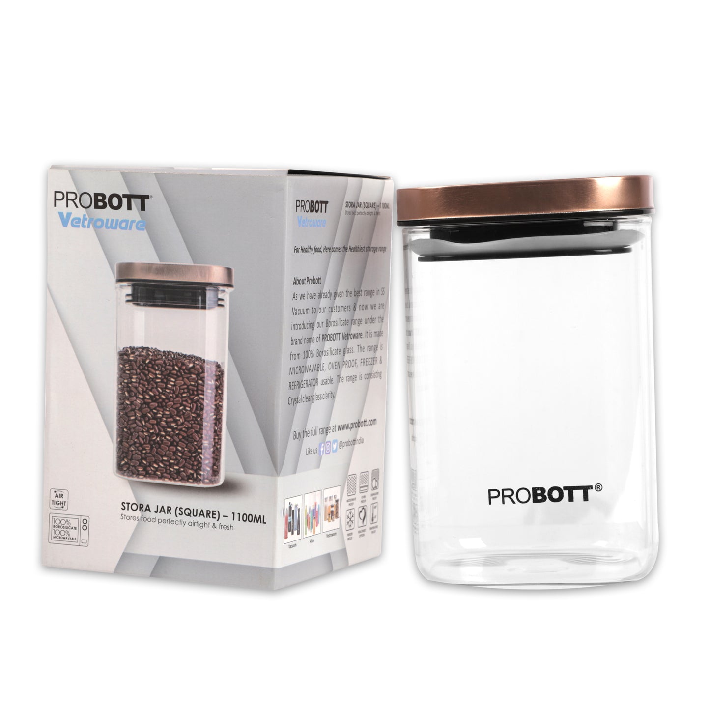 PROBOTT Vetroware 1100ml Glass Square Jar Container with Metal Golden Color Air Tight Cap