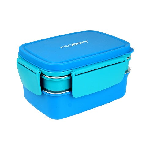 PROBOTT Double Decker 1300ml Stainless Steel Lunch Box, 2 Layers with 3 Grid, 1 Spoon Tiffin Box, Lid Made with Heavy Quality PP Material Perfect for School, Office Use | Sky Blue