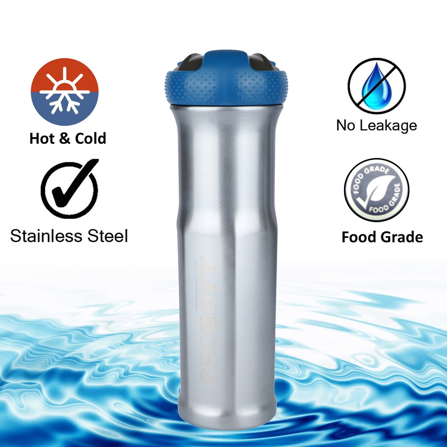 Probott Status 700ml Stainless Steel Water Bottle, Vacuum Insulated Flask Bottles, Blue | Hot and Cold | Easy to Carry | Leak Proof