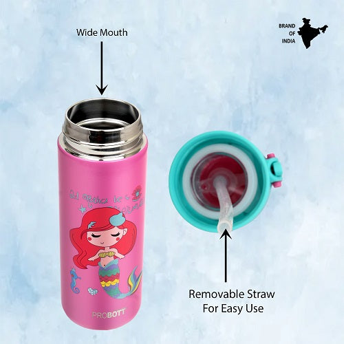 Probott Dazzle 400ml Stainless Steel Hot & Cold Sipper Water Bottle for Kids, Pink | Double Walled Vacuum Flask |Push Button With Locking System