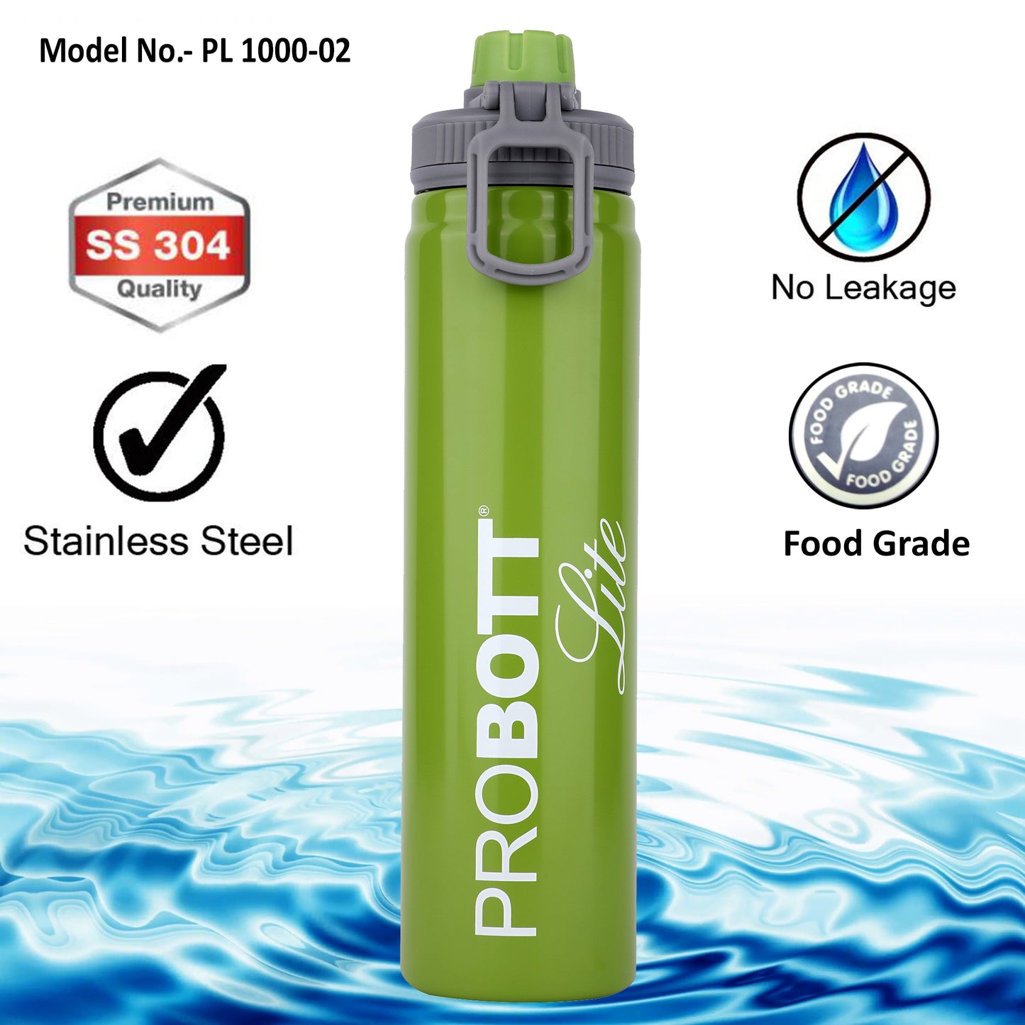 PROBOTT LITE SIP 1000ml Single Walled Stainless Steel Water Bottle, Green