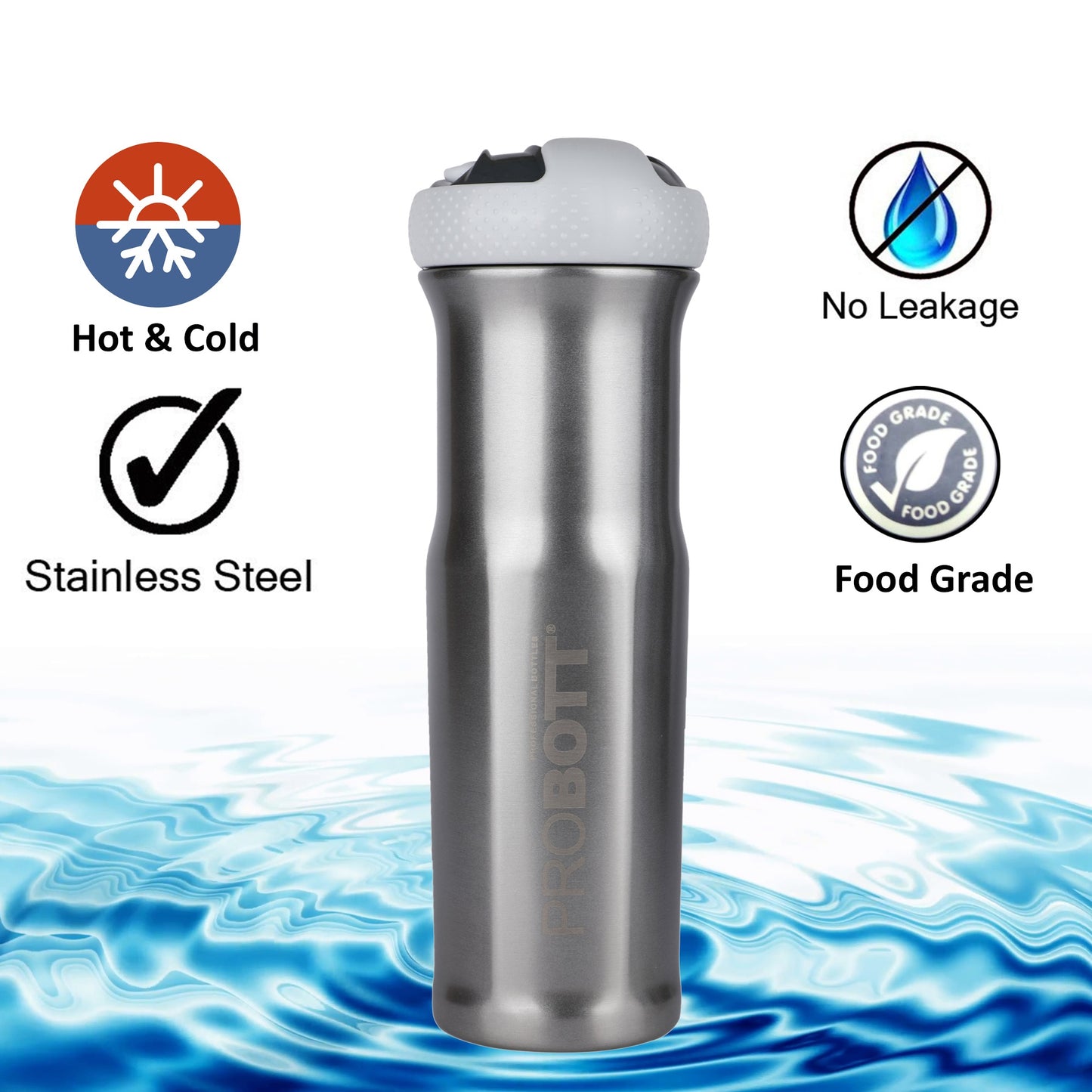 Probott Status 700ml Stainless Steel Water Bottle, Vacuum Insulated Flask Bottles, Silver | Hot and Cold | Easy to Carry | Leak Proof