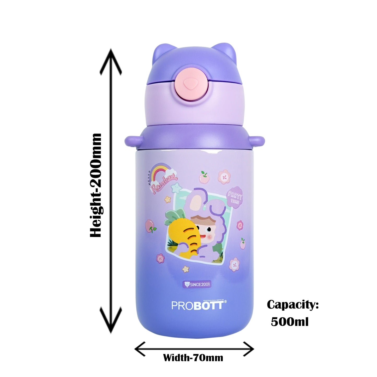 Probott Kidzy 500ml Water Bottle with Straw for 3-5 yrs Kids Sipper Bottle, Purple