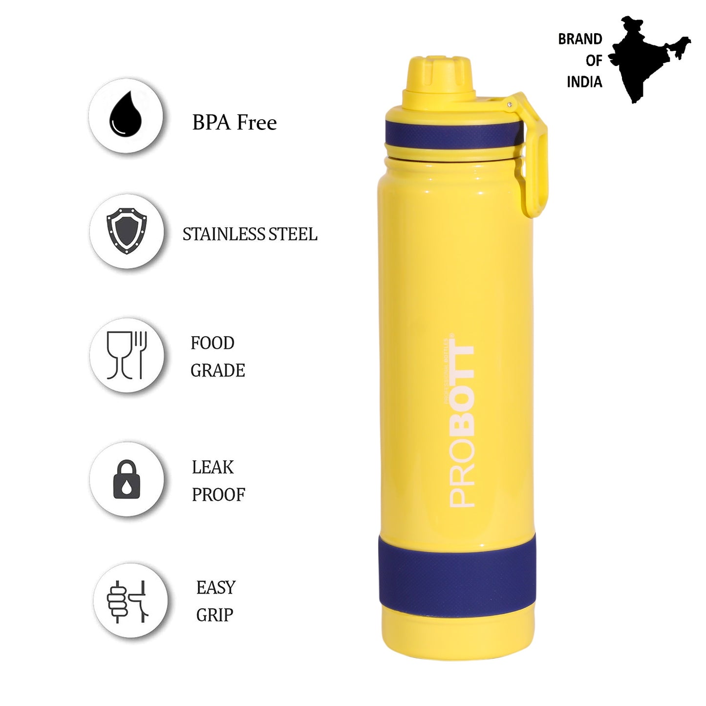 Probott Rainbow 700ml Thermoses Vacuum Insulated Flask Sipper Bottle, Stainless Steel Water Bottles, Yellow