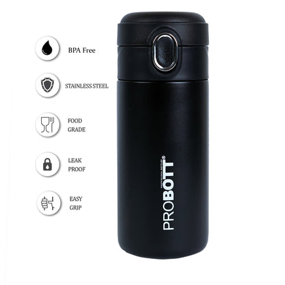 Probott Pride 400ml Thermosteel Hot & Cold Insulated Stainless Steel Travel Flask, Black | Spill Proof | Coffee Tea Mug | Juice Mug | Easy Grip Easy to Carry