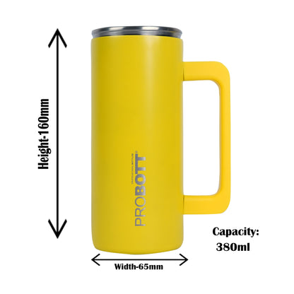 Probott Brew 380ml Travel Mug with Handle, Wide Mouth Tumbler, Yellow, Thermosteel Vacuum Insulated Thermos Flask | Hot and Cold