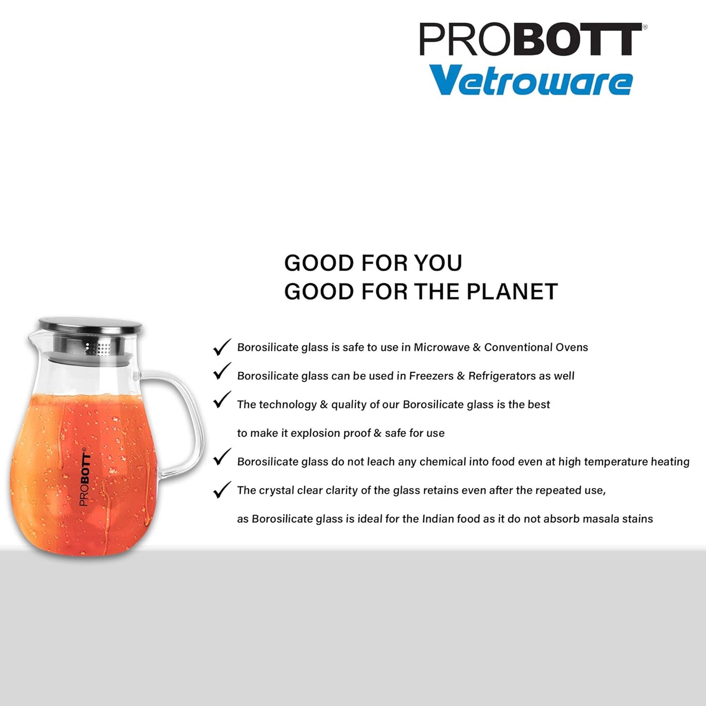 PROBOTT Vetroware Glass Water Jug with Lid Pitcher for Dining Table 1700 ml PV Belly Glass Jug