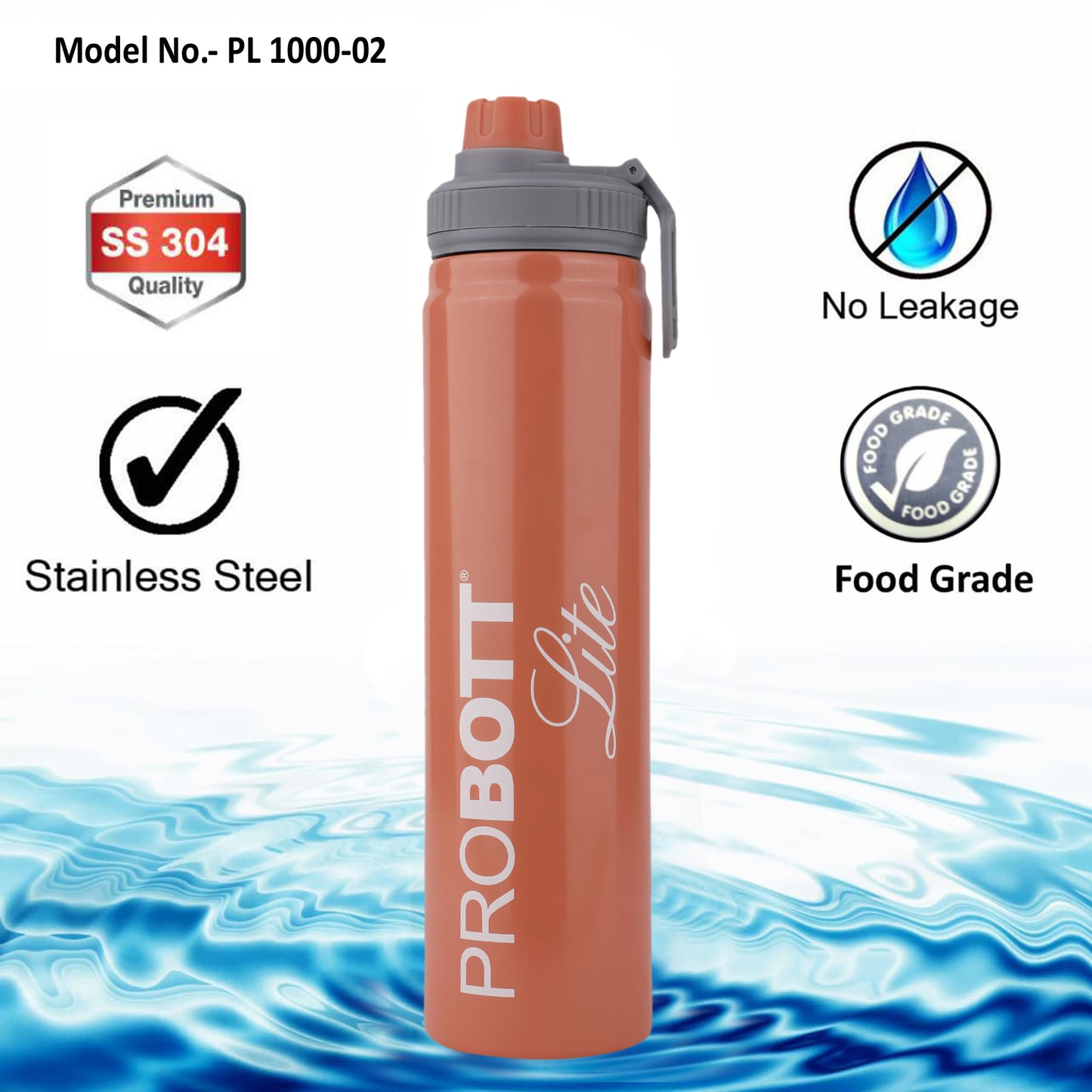 PROBOTT LITE SIP 1000ml Single Walled Stainless Steel Water Bottle, Orange