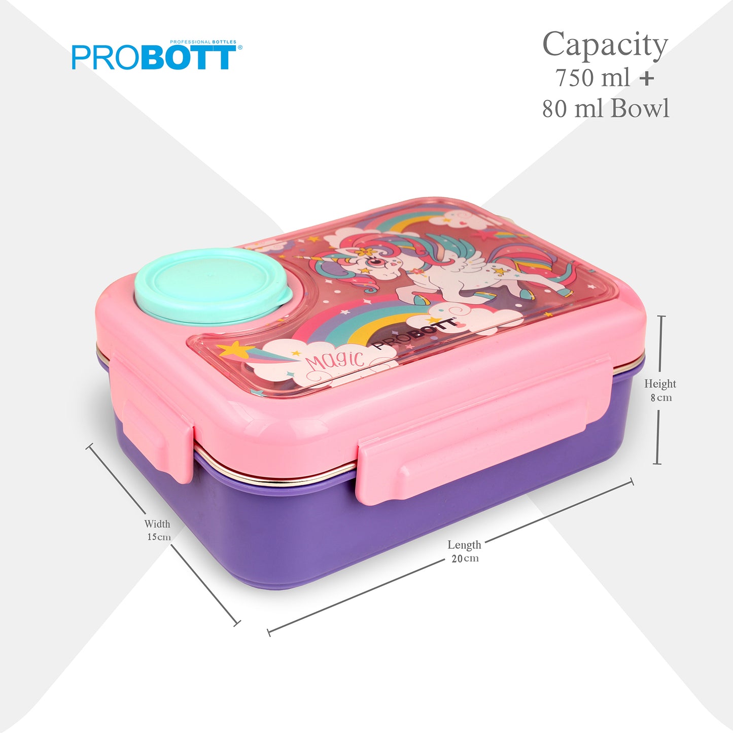 PROBOTT Fun Time 750ml Stainless Steel Lunch Box, 2 Compartment with 1 Bowl & 1 Spoon 1 Fork Tiffin Box, Character Lid | Pink