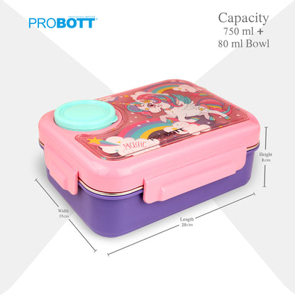 PROBOTT Fun Time 750ml Stainless Steel Lunch Box, 2 Compartment with 1 Bowl & 1 Spoon 1 Fork Tiffin Box, Character Lid | Pink