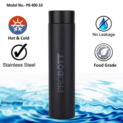 PROBOTT Compact 400ml Thermosteel Vacuum Flask, Stainless Steel Water Bottle - Black