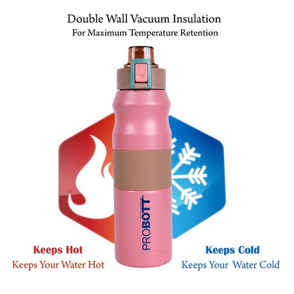 Probott Bloom 680ml Vacuum Insulated Flask Bottle, Stainless Steel Hot and Cold Water Bottles, Pink