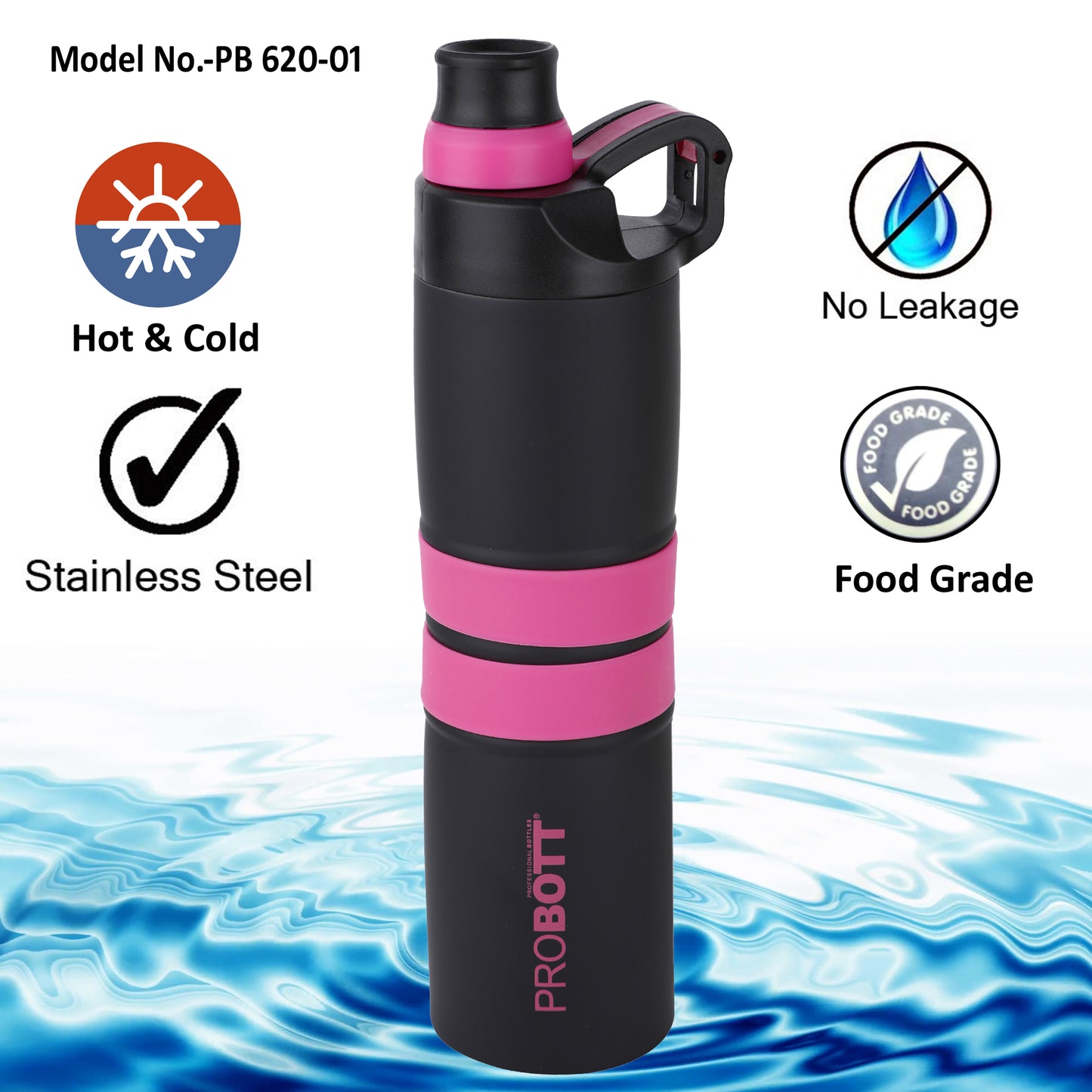 Probott Alpha 620ml Thermoses Vacuum Insulated Flask Sipper Bottle, Stainless Steel Water Bottles, Pink