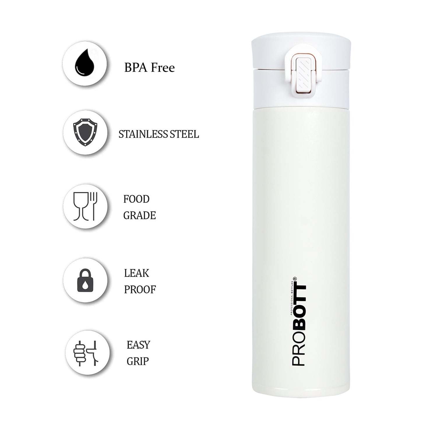 Probott Gliter 300 ml Travel Flask, White | Thermoses Hot or Cold Vacuum Insulated Stainless Steel | Flip Top Cap