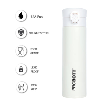 Probott Gliter 300 ml Travel Flask, White | Thermoses Hot or Cold Vacuum Insulated Stainless Steel | Flip Top Cap