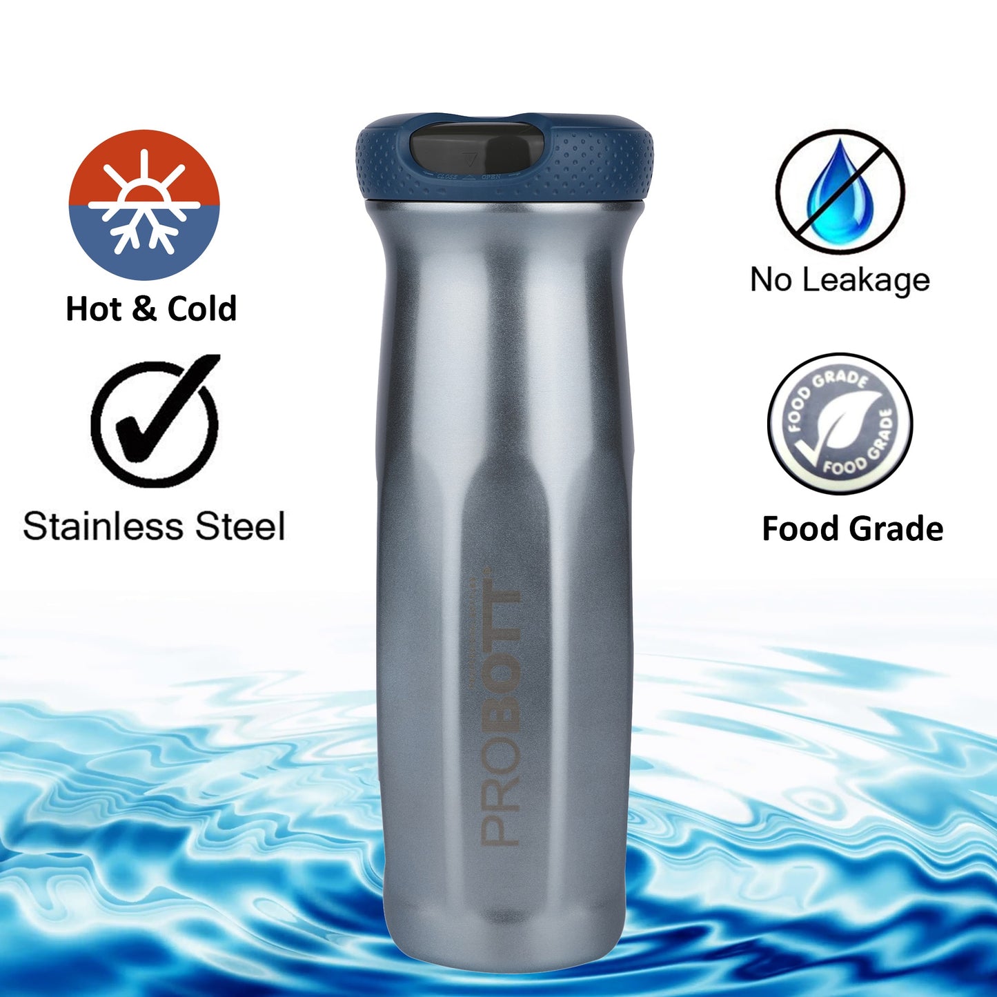 Probott Swipe 600ml Stainless Steel Water Bottle, Vacuum Insulated Flask Bottles, Blue | Hot and Cold | Easy to Carry | Leak Proof