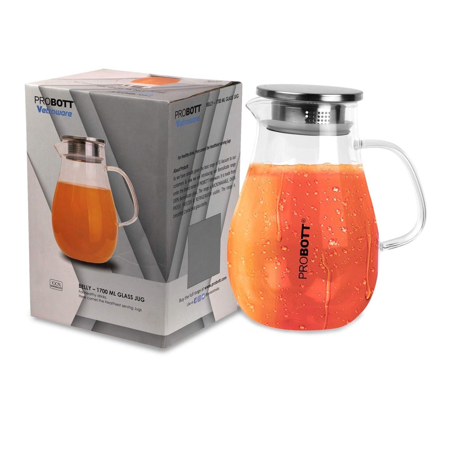 PROBOTT Vetroware Glass Water Jug with Lid Pitcher for Dining Table 1700 ml PV Belly Glass Jug