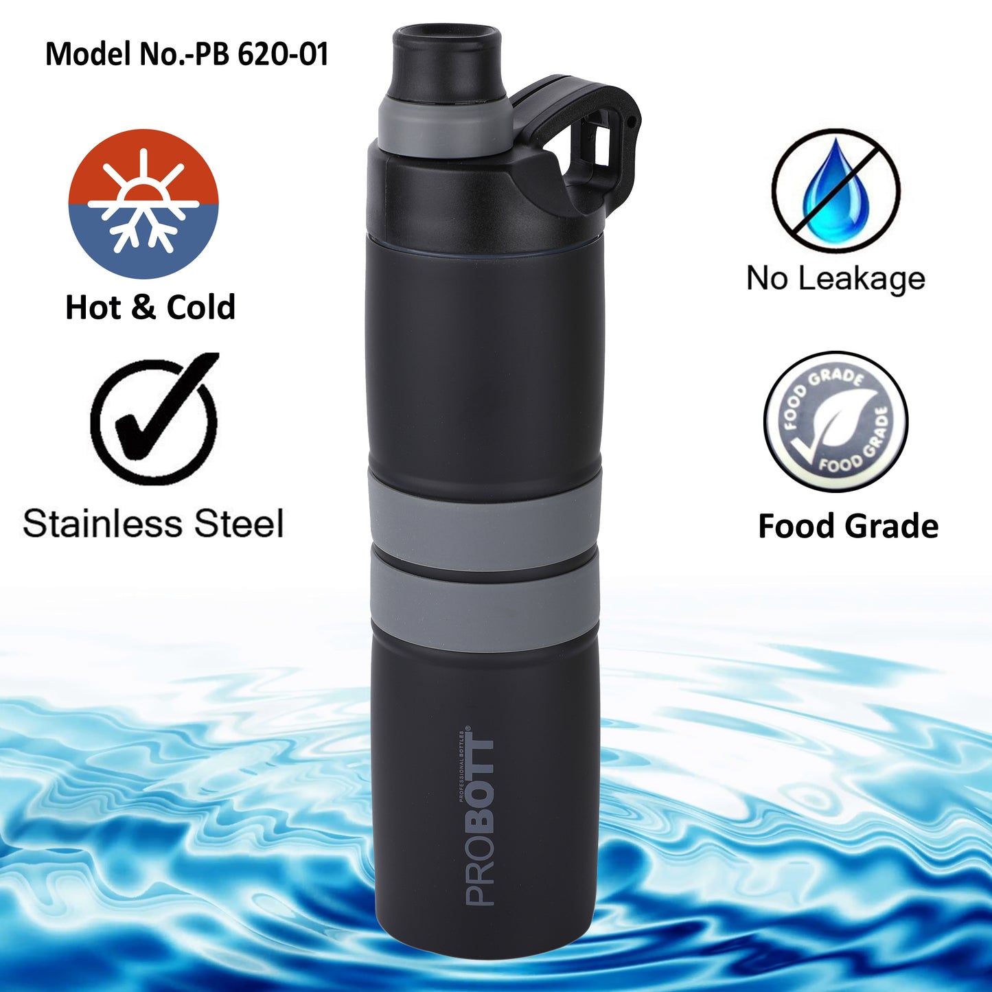 Probott Alpha 620ml Thermoses Vacuum Insulated Flask Sipper Bottle, Stainless Steel Water Bottles, Black