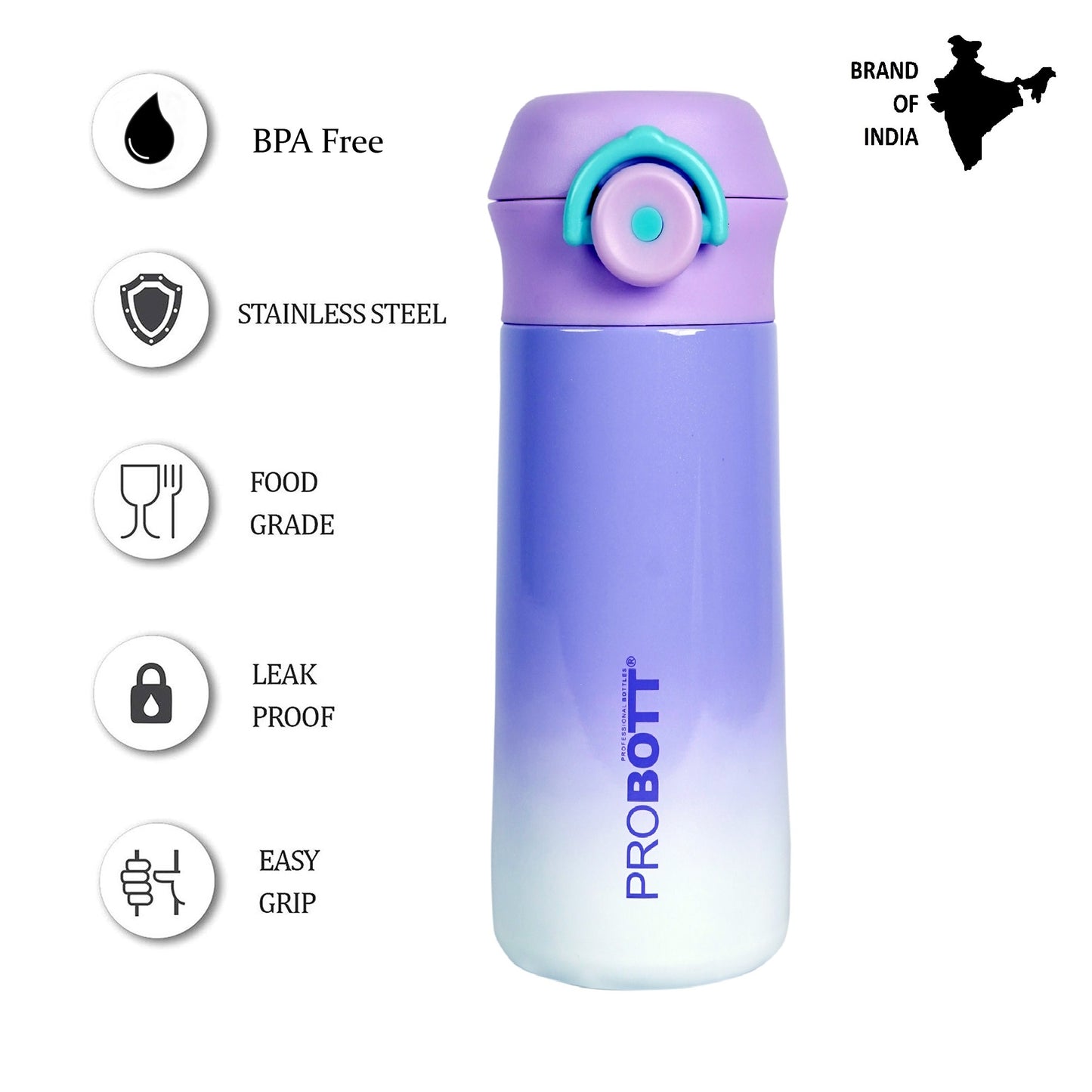 PROBOTT Swiss 420ml Stainless Steel Double Wall Vacuum Flask for 3-5 Yrs Kids | Hot and Cold Water Bottle, Purple