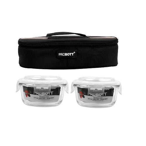 PROBOTT Vetroware Borosilicate Flip Clip Lunch Box Round Shape Set with Flat Bag, 400ml+400ml, 2-Pieces, Transparent PV 222-RF_Black Bag