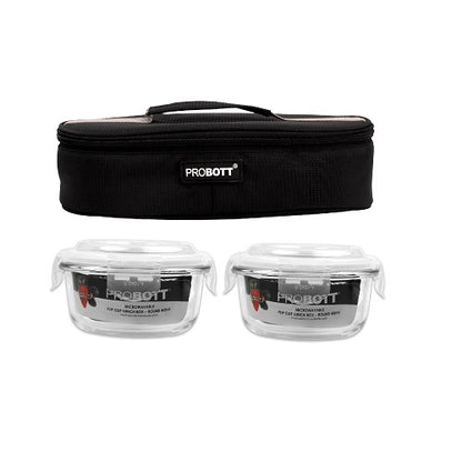 PROBOTT Vetroware Borosilicate Flip Clip Lunch Box Round Shape Set with Flat Bag, 400ml+400ml, 2-Pieces, Transparent PV 222-RF_Black Bag