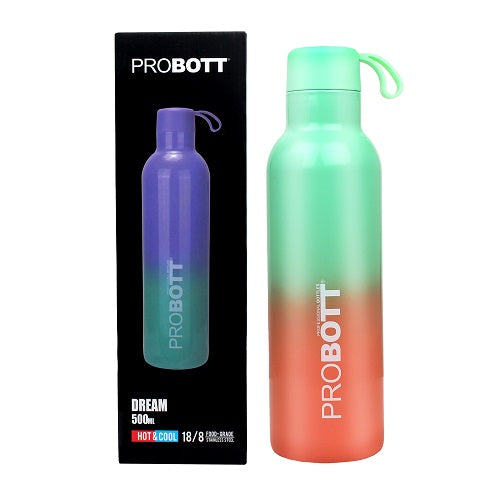 Probott Dream 500ml Stainless Steel Hot and Cold Water Bottle, Vacuum Insulated Flask Bottles, Dual Color Light Green & Orange