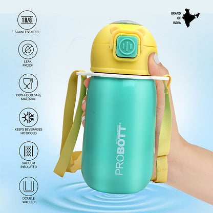 Probott Cutie 320ml Stainless Steel Hot & Cold Sipper Water Bottle for Kids, Aqua Green| Double Walled Vacuum Flask |Push Button With Locking System