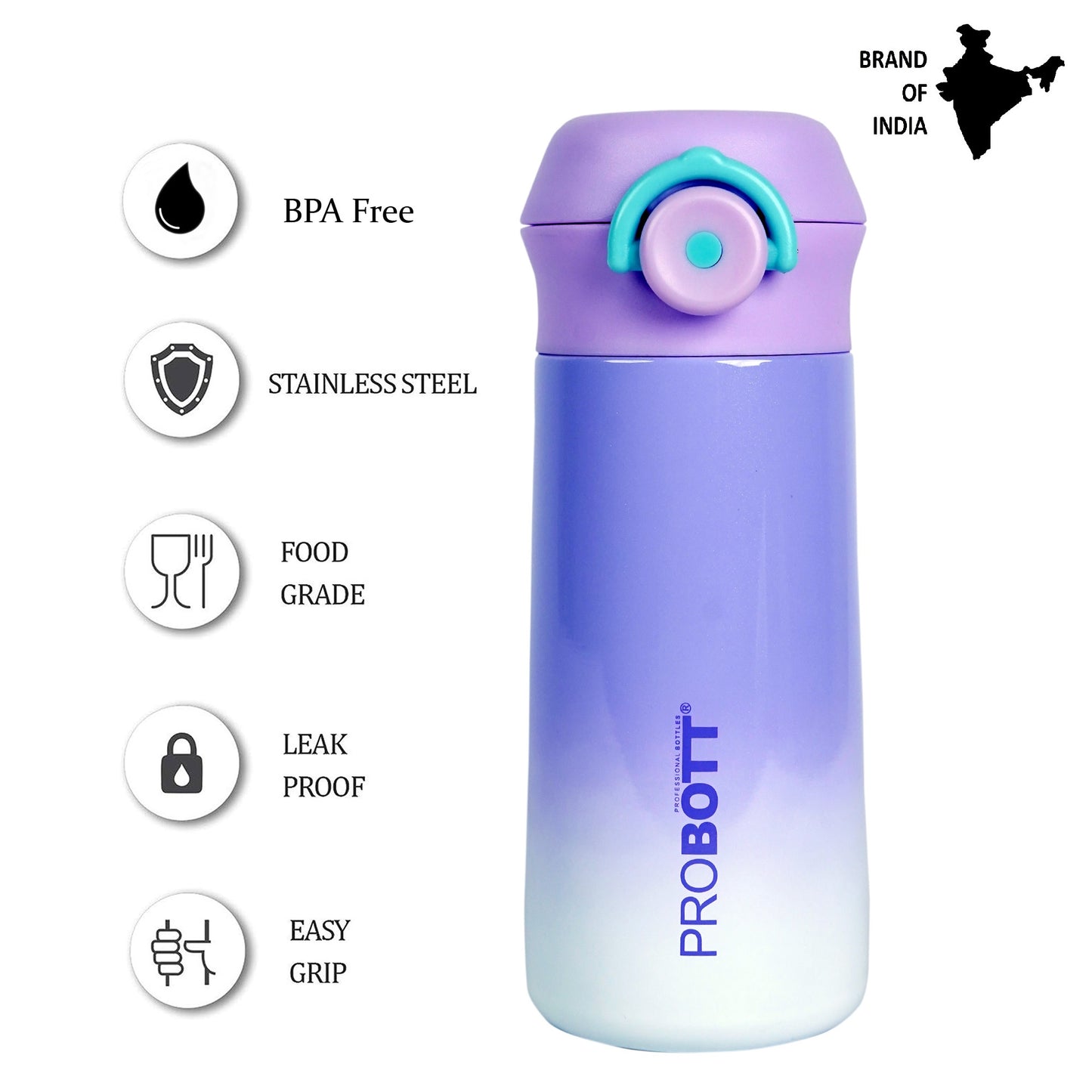 PROBOTT Swiss 350ml Stainless Steel Double Wall Vacuum Flask for 3-5 Yrs Kids | Hot and Cold Water Bottle, Purple