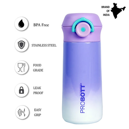 PROBOTT Swiss 350ml Stainless Steel Double Wall Vacuum Flask for 3-5 Yrs Kids | Hot and Cold Water Bottle, Purple