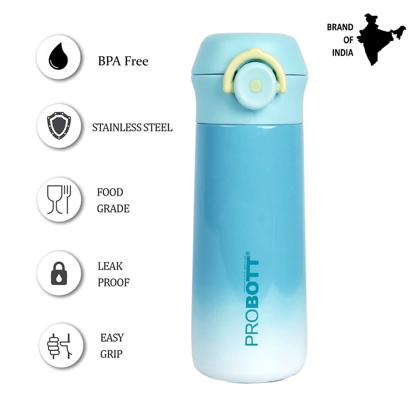 PROBOTT Swiss 420ml Stainless Steel Double Wall Vacuum Flask for 3-5 Yrs Kids | Hot and Cold Water Bottle, Blue