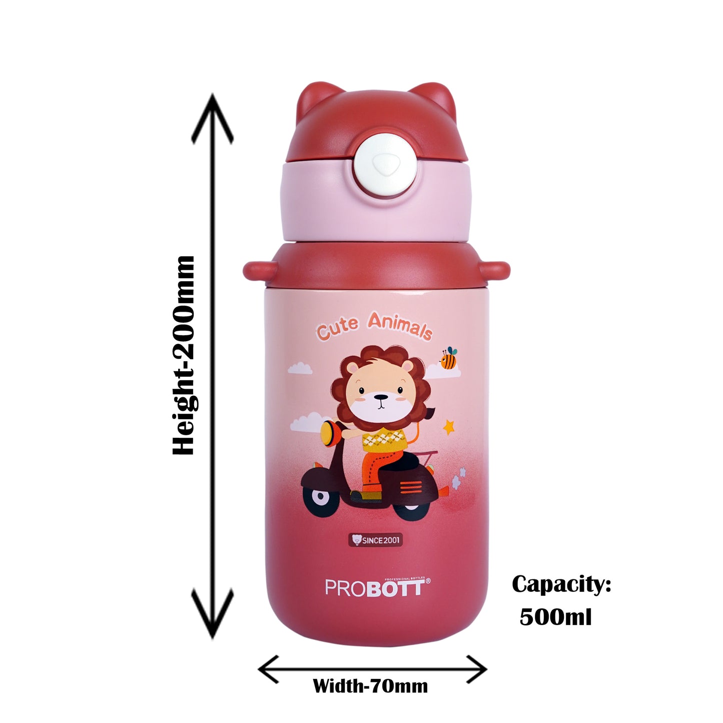 Probott Kidzy 500ml Water Bottle with Straw for 3-5 yrs Kids Sipper Bottle, Red