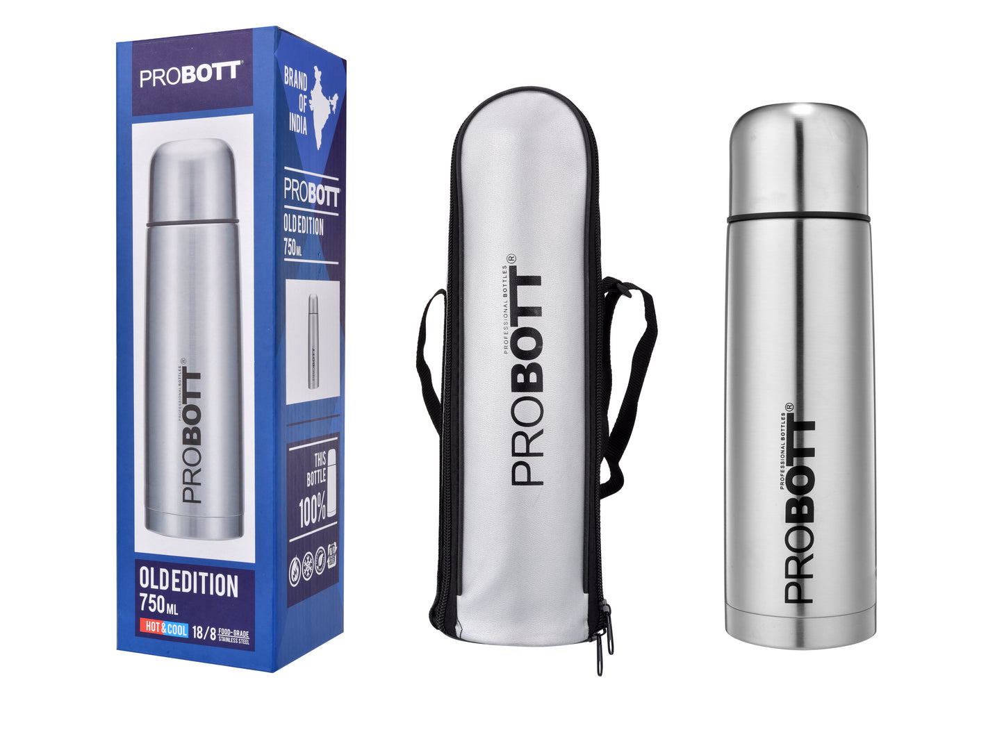 Probott Old Edition Water Bottle, Stainless Steel Water Bottles, Vacuum Insulated Flask Bottles, 750 ml, Silver | Hot and Cold | Easy to Carry | Rust & Leak Proof | Tea | Coffee | Office| Gym | Travel