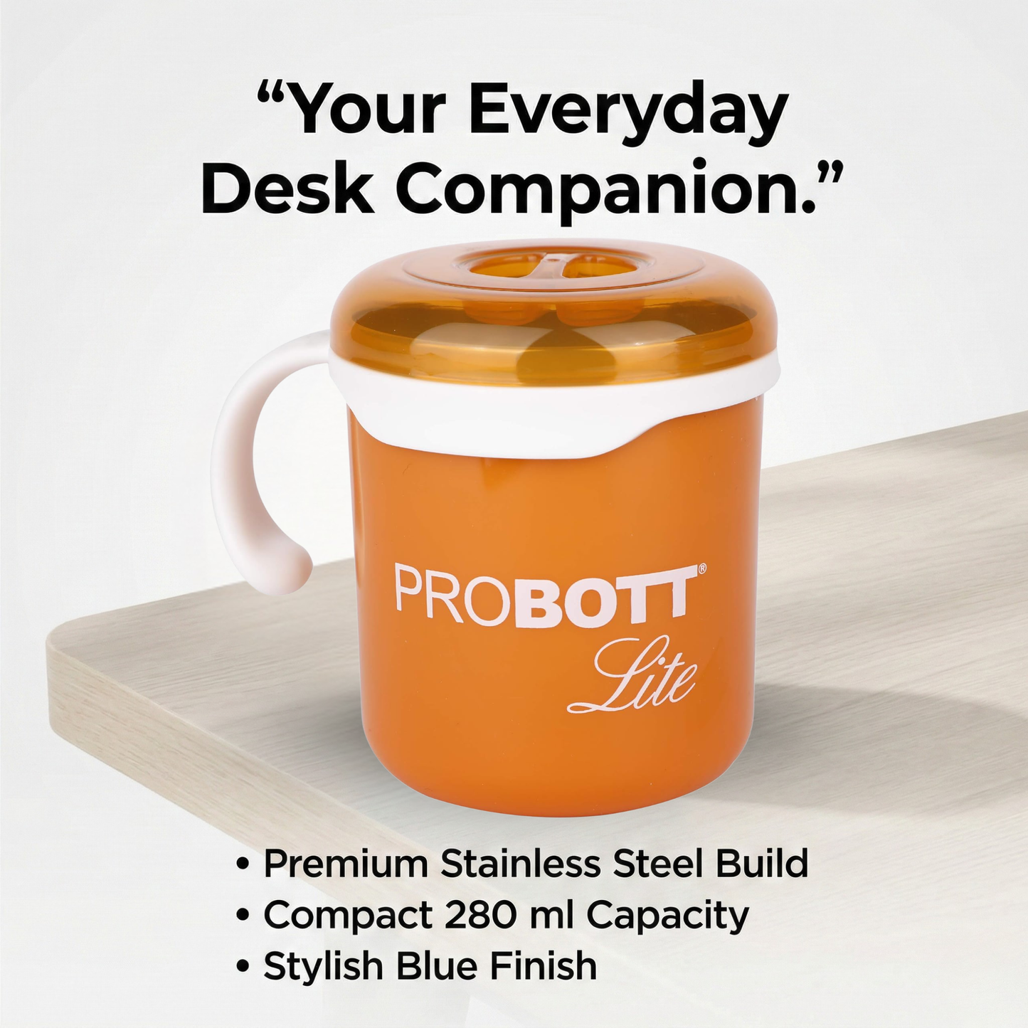 PROBOTT LITE Cuppa Stainless Steel Mug/Cup with Lid 280ml, Stylish Cup Ideal for Hot & Cold Coffee, Tea | Desk Mug – Orange