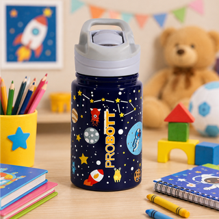 PROBOTT Space 360ml Stainless Steel Double Wall Vacuum Flask for 3-5 Yrs Kids | Hot and Cold Water Bottle with 3D Print, Black | Perfect for Toddlers | Leakproof