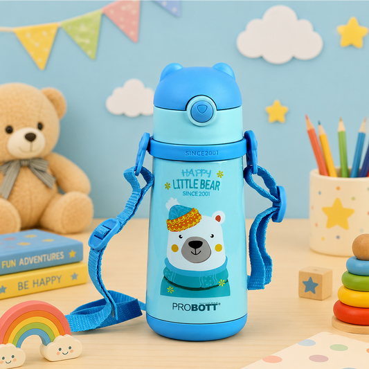 Probott School Champ 370ml Sipper Bottle for Kid with Straw & Strap to Carry, Blue | Stainless Steel Hot & Cold Water Bottle for Kids