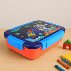 PROBOTT Lunch On 710 ml Stainless Steel Lunch Box, 3 Grid Tiffin Box, Character Lid PP Material Perfect for School, Office, Travel, Picnic | Blue+Orange