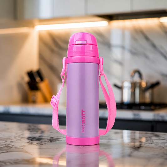 Probott Tom 350ml Hot & Cold Vacuum Insulated Flask Sipper Bottle with Straw & Strap for Kids, Pink